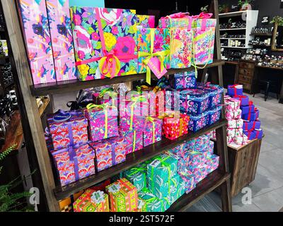 Lemberg, Ukraine - 16. Februar 2025: Eine Vielzahl von farbenfrohen Geschenkboxen, die ordentlich auf einem rustikalen Holzregal organisiert sind. Stockfoto