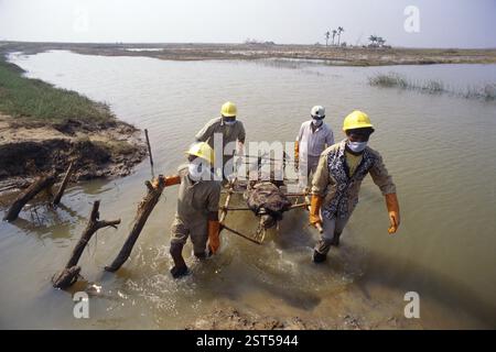 Rettung Männer, die Leiche halten, Zyklon in Orissa, Indien, November 1999 Stockfoto
