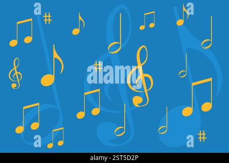 Musikalische Noten auf kollidiertem Hintergrund, unnötig verstreut. Musikalische Noten schweben in der Luft. Flaches Design. Stockfoto