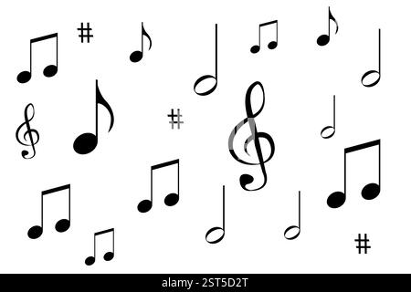 Musikalische Noten auf weißem Hintergrund, unangemessen verstreut. Musikhintergrund. Flaches Design. Stockfoto