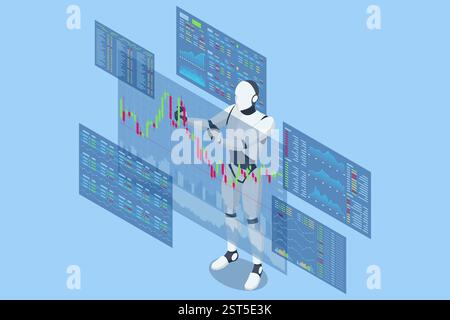 Eine isometrische Vektor-Illustration eines KI-Handelsroboters, der Börsendiagramme analysiert, umgeben von schwimmenden Währungssymbolen. KI-Handel Stock Vektor