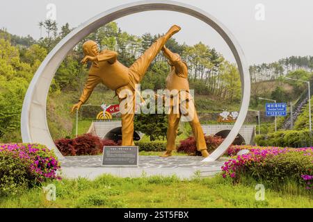 Muju, Südkorea, 1. Mai 2019: Bronzestatue von zwei Männern, die an Taekwon-Do-Wettkämpfen teilnahmen, in einem Park-ähnlichen Setting in Asien Stockfoto