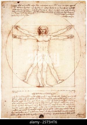 Leonardo da Vinci, vitruvianischer Mann, zeichnend in Stift und Tinte, um 1492 Stockfoto