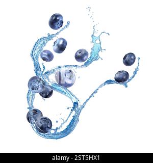 Heidelbeeren und Spritzwasser in der Luft auf weißem Hintergrund Stockfoto