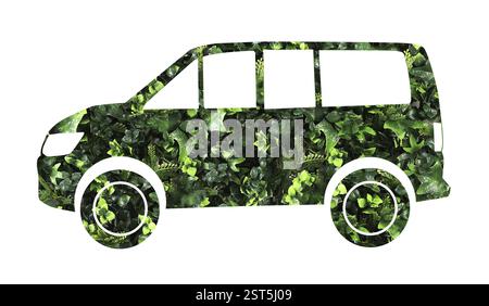 Umweltfreundlicher Transport. Silhouette eines Minibusses mit grünem Blumenmuster auf weißem Hintergrund Stockfoto