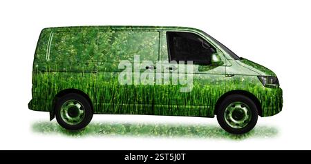 Umweltfreundlicher Transport. Minibus mit grünem Blumenmuster auf weißem Hintergrund Stockfoto