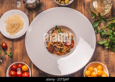 Spaghetti- oder Puttanesca-Pasta nach traditionellem italienischem Rezept mit Sardellen, Oliven, Kapern auf einer weißen Platte auf einem hölzernen Hintergrund mit in Stockfoto
