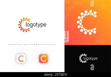 C-Letter-Logo mit stilisierter Sonne und gepunkteten Strahlen, die Wärme und Innovation wecken. Ideal für technische Startups, erneuerbare Energien und wissenschaftliche Forschung Stock Vektor