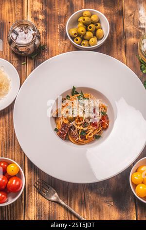 Spaghetti- oder Puttanesca-Pasta nach traditionellem italienischem Rezept mit Sardellen, Oliven, Kapern auf einer weißen Platte auf einem hölzernen Hintergrund mit in Stockfoto