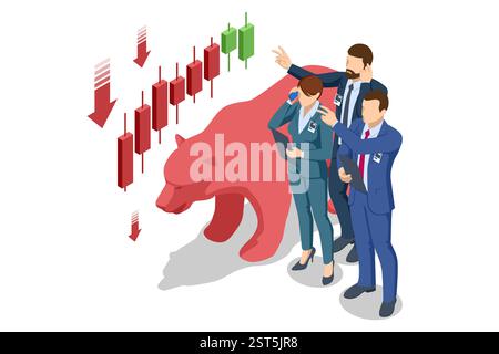 Eine isometrische Vektor-Illustration, die einen roten Bären mit einem rückläufigen Börsendiagramm, Bargeldstapeln und Menschen zeigt, die einen bärischen Trend symbolisieren. Stock Vektor