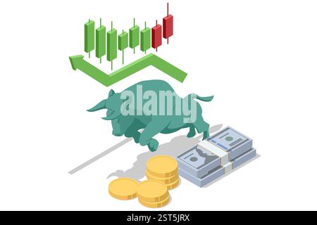 Eine isometrische Vektor-Illustration von Börsenmaklern mit einem großen grünen Stier und steigenden Aktiencharts, die einen bullischen Markttrend symbolisieren. Bullenmarkt Stock Vektor
