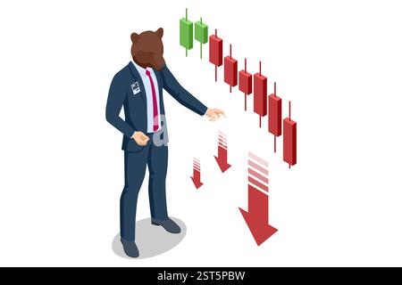 Isometrische Abbildung eines roten Bären mit einem abnehmenden Börsendiagramm, Bargeldstapeln und Goldmünzen, die einen bärischen Trend symbolisieren. Bär Stock Vektor