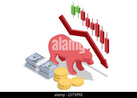 Isometrische Abbildung eines roten Bären mit einem abnehmenden Börsendiagramm, Bargeldstapeln und Goldmünzen, die einen bärischen Trend symbolisieren. Bär Stock Vektor