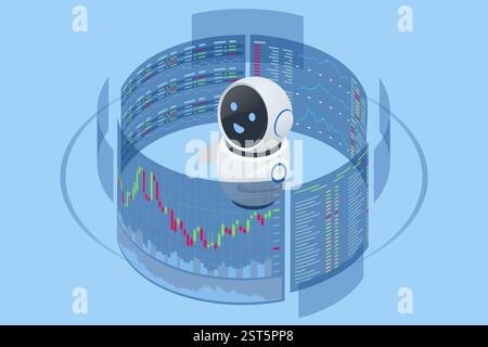 Eine isometrische Vektor-Illustration eines KI-Handelsroboters, der Börsendiagramme analysiert, umgeben von schwimmenden Währungssymbolen. KI-Handel Stock Vektor