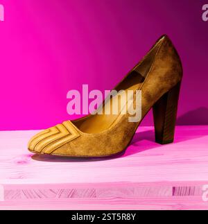 Ein Vintage-Wildlederschuh mit hohem Absatz in warmen Brauntönen mit einem markanten Chevron-Muster auf rosafarbener Holzoberfläche und einem auffälligen magen Stockfoto