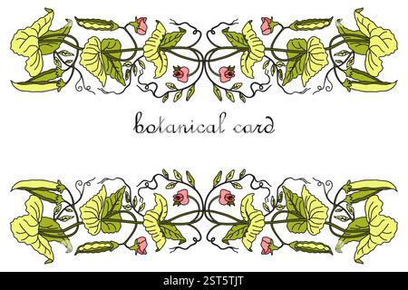 Botanisches Kartendesign mit Blumenelementen. Hand gezeichnete grüne Erbsen Pflanze mit Blättern und Schoten isoliert auf weißem Hintergrund. Trendige künstlerische Vektor-illu Stock Vektor