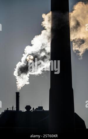 Das Igony-Heizwerk Essen-Rüttenscheid, ein mit Erdgas betriebenes Fernwärme Heizwerk, das u.a. das Uni-Klinikum Essen und das Alfried-Krupp-Krankenhaus, in der Nähe und viele Wohnhäuser ganzjährig mit Fernwärme versorgt, kalter Wintermorgen, Rauchfahnen, NRW, Deutschland, Fernwärme Heizwerk *** das Igony Heizwerk in Essen Rüttenscheid, ein mit Erdgas betriebenes Fernwärmewerk, das das Universitätsklinikum Essen und das Alfried Krupp Krankenhaus in der Nähe und viele Wohngebäude mit Fernwärme das ganze Jahr über versorgt, kalten Wintermorgen, Rauchfahnen, NRW, Deutschland, dist Stockfoto