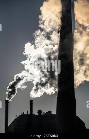 Das Igony-Heizwerk Essen-Rüttenscheid, ein mit Erdgas betriebenes Fernwärme Heizwerk, das u.a. das Uni-Klinikum Essen und das Alfried-Krupp-Krankenhaus, in der Nähe und viele Wohnhäuser ganzjährig mit Fernwärme versorgt, kalter Wintermorgen, Rauchfahnen, NRW, Deutschland, Fernwärme Heizwerk *** das Igony Heizwerk in Essen Rüttenscheid, ein mit Erdgas betriebenes Fernwärmewerk, das das Universitätsklinikum Essen und das Alfried Krupp Krankenhaus in der Nähe und viele Wohngebäude mit Fernwärme das ganze Jahr über versorgt, kalten Wintermorgen, Rauchfahnen, NRW, Deutschland, dist Stockfoto