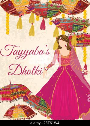 Indische Hochzeit. Einladungskarte für indische Haldi, Dholki, Mehndi-Nacht. Editierbare Vektor-Illustration für traditionelle indische haldi, mehndi Hochzeit Setup. Stock Vektor