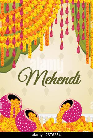 Indische Hochzeit. Einladungskarte für indische Haldi, Dholki, Mehndi-Nacht. Editierbare Vektor-Illustration für traditionelle indische haldi, mehndi Hochzeit Setup. Stock Vektor