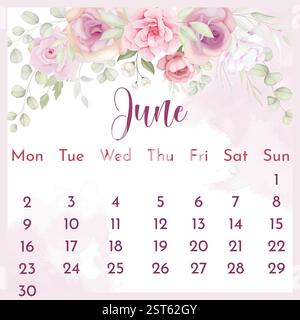2025 Kalendervorlage. Kalender 2025. Jahreskalender 2025 mit Blumenmuster. blumenkalender. Kalender mit blumenmuster 2025. Kalender. Stock Vektor