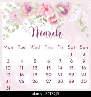 2025 Kalendervorlage. Kalender 2025. Jahreskalender 2025 mit Blumenmuster. blumenkalender. Kalender mit blumenmuster 2025. Kalender. Stock Vektor