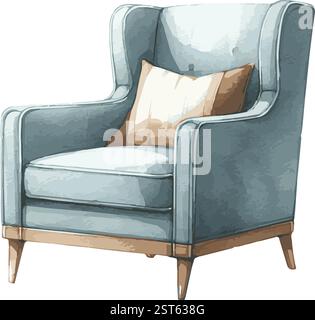 Aquarellvektor-Illustration eines modernen blauen Sessels mit einem flauschigen Kissen Stock Vektor