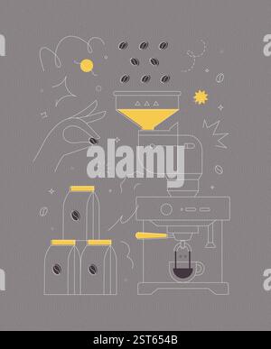 Kaffeebohnenbehälter Kaffeepadmaschine Symbole in modernem linearen Kunststil auf grauem Hintergrund Stock Vektor