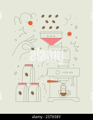 Kaffeebohnenbehälter Kaffeepadmaschine Symbole in modernem linearen Kunststil auf hellem Hintergrund Stock Vektor