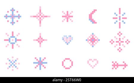 Pixel Star Glitzer niedliches Retro 8 Bit Glitzer Set. Glänzend pinkfarbenes Pixel-Kunsteffekt-Set. Feuerwerk geplatzt, Pfeil, Raumdekoration. Ästhetik der 90er Jahre, y2k. Vektorabbildung Stock Vektor
