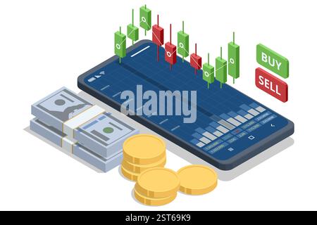 Isometricr-Illustration eines Smartphones, das Aktienbörsendiagramme mit grünen und roten Kerzenleuchtern, Bargeldstapeln, Goldmünzen und Buttons zum Kauf und Verkauf anzeigt Stock Vektor