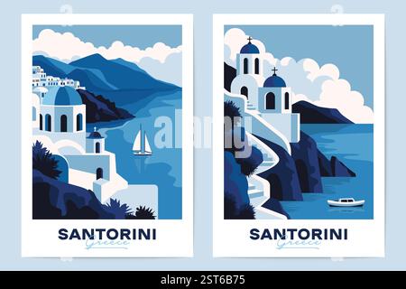 Griechischer Hintergrund Santorini. Abstrakte griechische Plakate mit traditioneller griechischer Architektur, berühmte weiße Gebäude mit blauen Kuppeln. Minimalistischer Vektor Stock Vektor