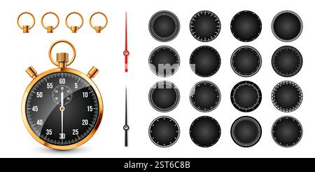 Realistische klassische Stoppuhr. Chronometer aus glänzendem goldenem Metall, Zeitzähler mit Zifferblatt. Countdown-Timer zeigt Minuten und Sekunden an. Zeitmessung für Stock Vektor