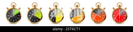 Realistische klassische Stoppuhr. Chronometer aus glänzendem goldenem Metall, Zeitzähler mit Zifferblatt. Farbenfroher Countdown-Timer, der Minuten und Sekunden anzeigt. Zeit Stock Vektor