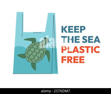 Halten Sie das Meer Kunststoff-freie Vektor Illustration Schildkröte in einer Plastiktüte eingeschlossen, Ozean Verschmutzung Bewusstsein, umweltfreundliche Umwelt Kampagne Design Stock Vektor