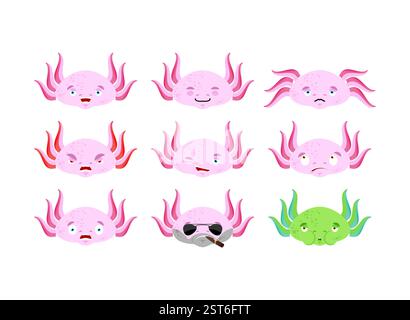 Axolotl Set Emoji Avatar. Trauriges und wütendes Gesicht. Schuldig und schlafend. Salamander schlafendes Emotionsgesicht. Stock Vektor