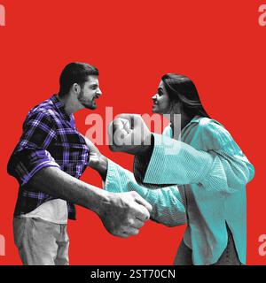 Eine Frau mit übergroßen Fäusten konfrontiert den Mann, greift sein Hemd und drückt vor rotem Hintergrund Wut aus. Konzeptuelle Kunstcollage. Stockfoto