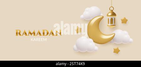 Ramadan Kareem-Poster im 3D-Stil mit goldenen Halbmond hängenden Laternen und Wolken Stock Vektor