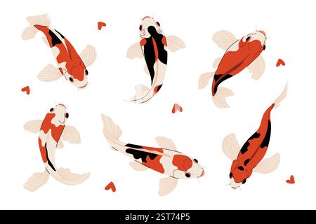 Koi-Karpfenfischset. Minimalistische Koifisch-Ikonen, farbenfrohe orientalische Cartoon-Karpfen, dekorative Elemente für Print-Design, flache Unterwasserfiguren. Vektorkoll Stock Vektor