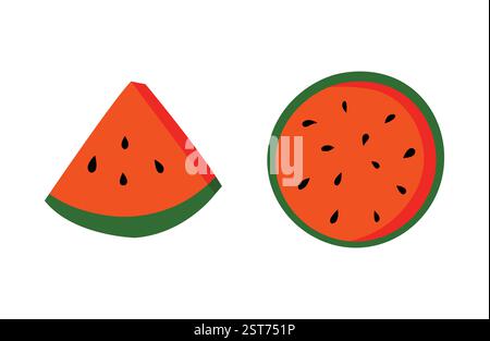 Flache einfache Illustration einer Wassermelonenscheibe und eines runden Stücks mit schwarzen Samen. Stock Vektor
