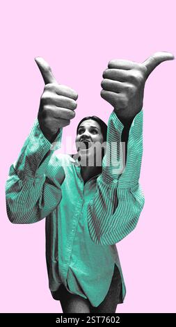 Frau, die mit überdimensionalem Ausdruck zwei Daumen nach oben zeigt, bedeutet Begeisterung und starkes positives Feedback. Konzeptuelle Kunstcollage. Stockfoto