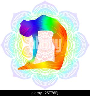Farbenfrohe Silhouette einer Frau, die Ushtrasana Yoga-Pose praktiziert. Kamelstellung. Isolierte Vektordarstellung Stock Vektor