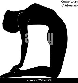 Silhouette einer Frau, die Ushtrasana Yoga-Pose praktiziert. Kamelstellung. Isolierte Vektordarstellung Stock Vektor