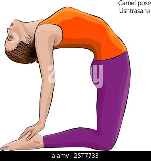 Junge Frau, die Ushtrasana Yoga-Pose übt. Kamelstellung. Mittlere Schwierigkeit. Isolierte Vektordarstellung. Stock Vektor