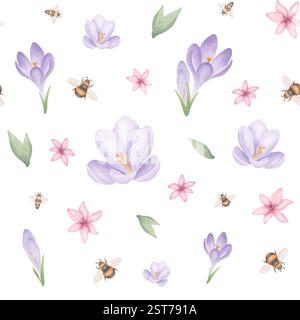 Nahtloses Blumenmuster mit violetten Krokussen, grünen Blättern, winzigen rosa Blüten und Hummeln. Handgezeichnete botanische Illustration im Aquarellstil. Stockfoto
