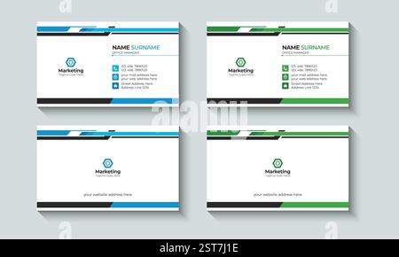 Abstraktes und kreatives Design für professionelle Visitenkarten- oder Visitenkarten-Layoutvorlagen. Identität, Kontakt, Branding, Blau, Grün. Stock Vektor