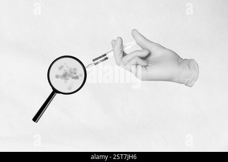 Minimalistisches Foto 3D Collage Poster Bildkunstwerk des Arztarms erforscht neue Bakterien isoliert auf Zeichnungshintergrund Stockfoto