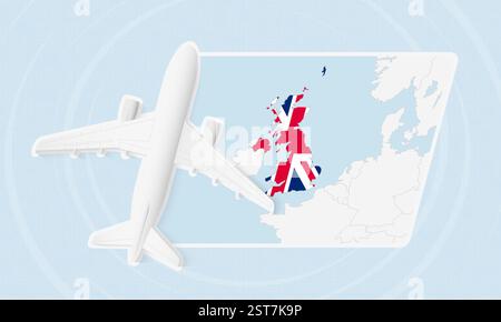Vereinigtes Königreich Reiseabbildung mit Flugzeug und Nationalflagge. Ideal für Reisebüros, Werbematerialien oder geografische Inhalte im Zusammenhang mit UN Stock Vektor