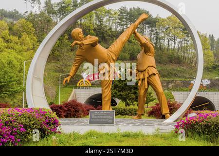 Muju, Südkorea, 1. Mai 2019: Bronzestatue von zwei Männern, die an Taekwon-Do-Wettkämpfen teilnahmen, in einem Park-ähnlichen Setting in Asien Stockfoto