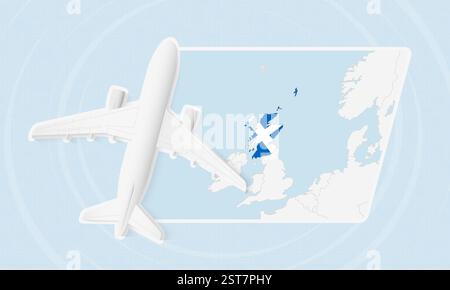 Schottland Reise Illustration mit Flugzeug und Nationalflagge. Ideal für Reisebüros, Werbematerialien oder geografische Inhalte in Bezug auf Schottland Stock Vektor